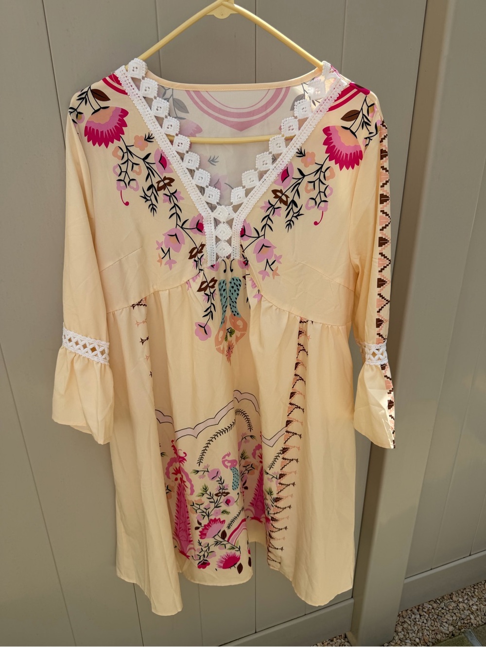 Cream Floral Embroidered Boho Tunic with Lace Trim
